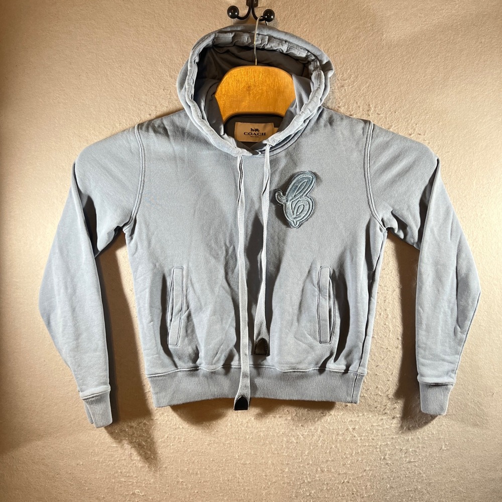1066 | Coach Chenille Logo Patch Cotton French Terry Hoodie Blue Women XS